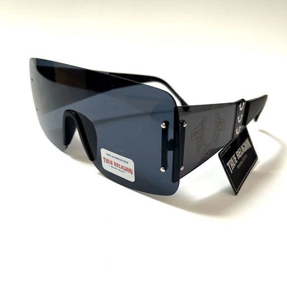 New Original TRUE RELIGION Shield Sunglasses Black Acetate Rimless Wide Leg - Picture 1 of 6